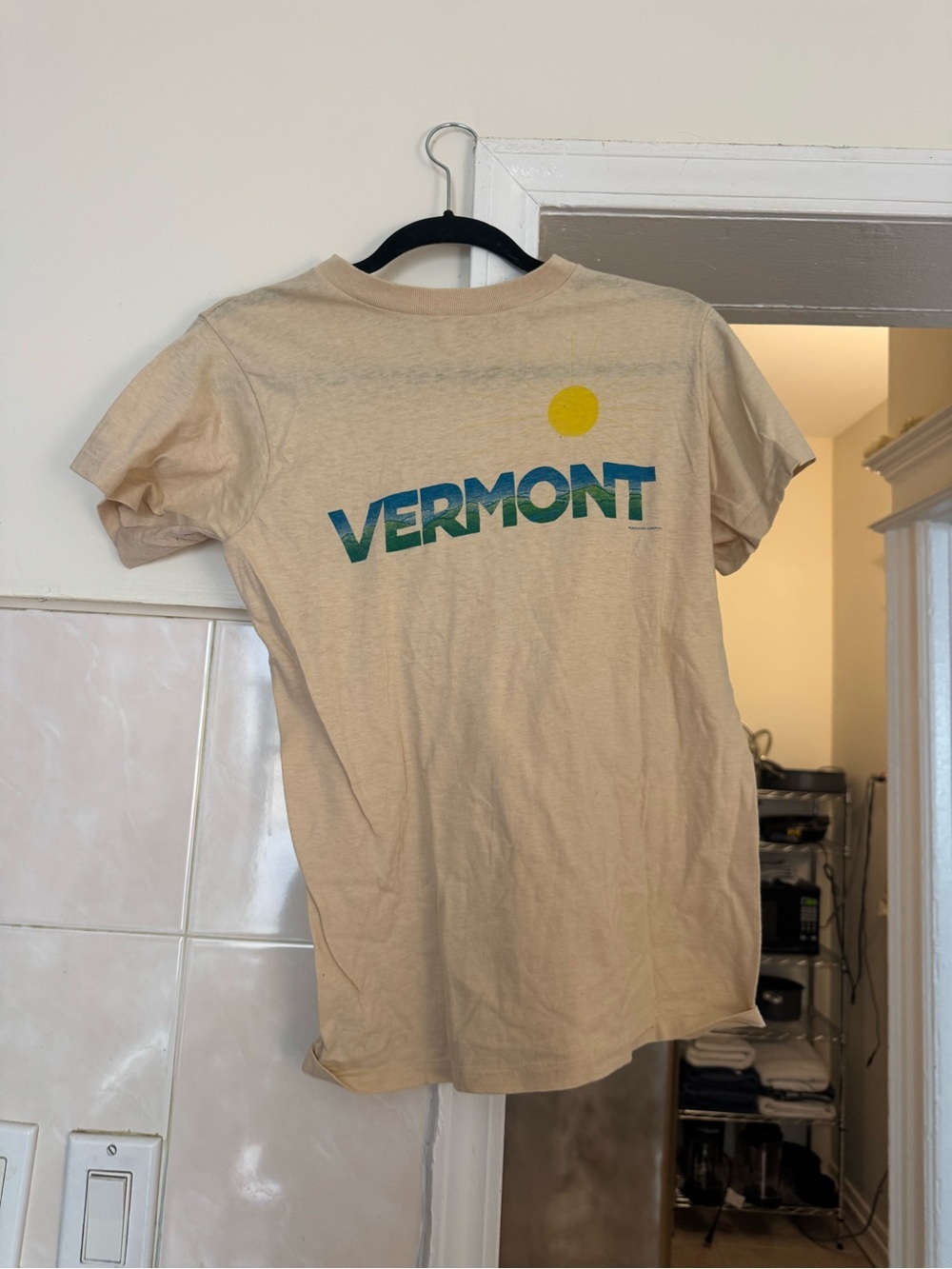 Beige Vermont Graphic Short Sleeve Tee with Teal & Yellow Print